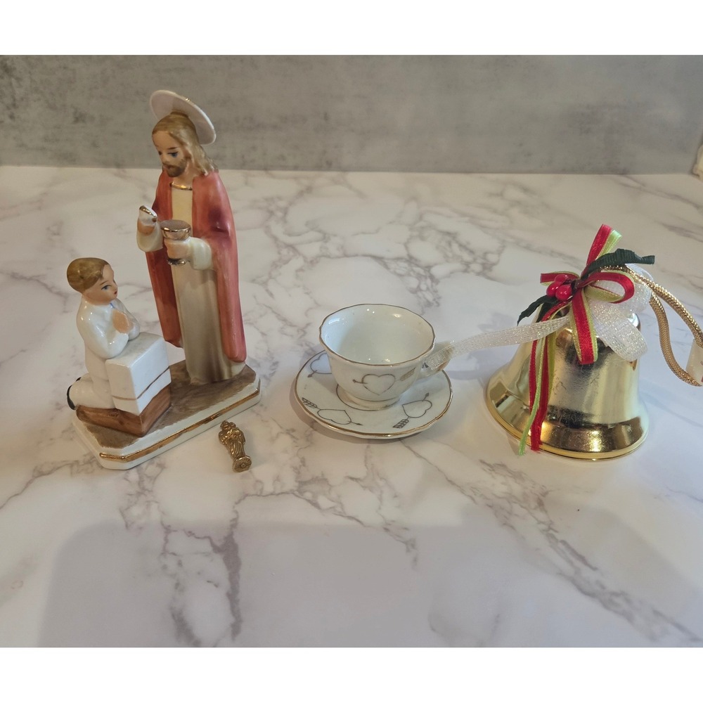 Vintage Religious Figurine First Communion Japan Miniature Teacup Holiday Bell